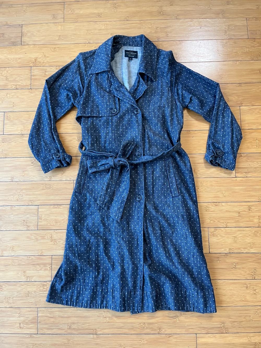 Lucky Brand Navy Blue Polka Dot 100% Cotton Denim Trench Coat